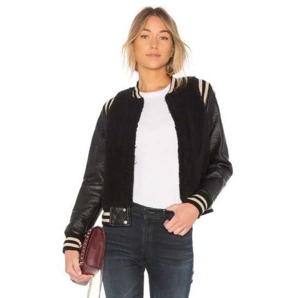 Womens Mother The Snap Letterman Black Mix Media Sherpa Faux Leather Jacket M * - Picture 2 of 16